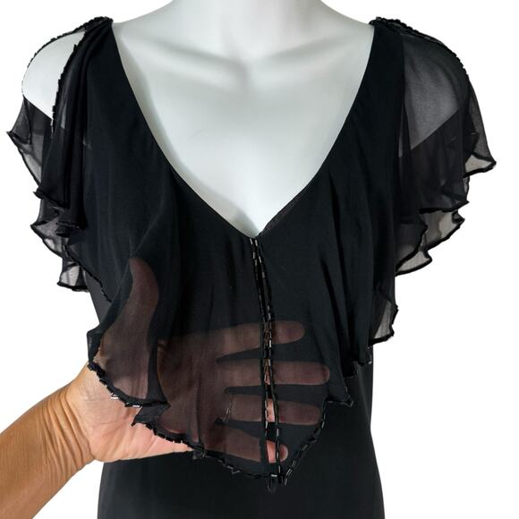 Jones NY Black Formal Maxi Dress Sz 8 Silk Trim Flutter Sleeve Gala V Neck Beads - Picture 8 of 15